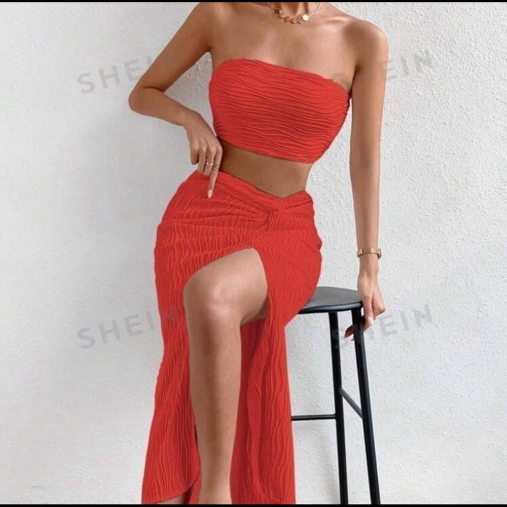 Shein Red Strapless Skirt Set